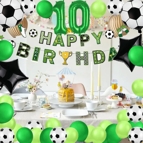 Miniatura 7 de Decoraciones de fiesta de cumpleaños número 10 para niños, decoraciones de fiesta de cumpleaños de fútbol, pancarta de feliz cumpleaños, suministros