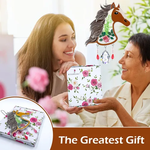 Miniatura 5 de KY&BOSAM Atrapasoles de cristal pintado a mano con cabeza de caballo, campanilla de viento con flor prensada incrustada en ventana de cristal, Día