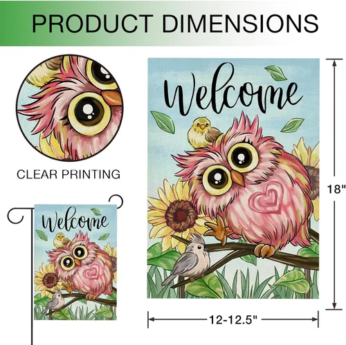 Miniatura 2 de Hzppyz Bandera de jardín de búho rosa de bienvenida para primavera y verano, de doble cara, ramas de girasol, decoración pequeña para exteriores