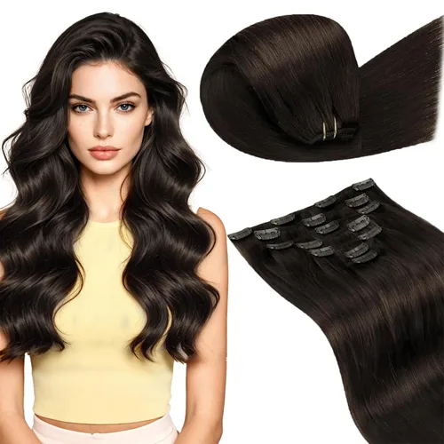 LaaVoo Extensiones de Cabello con Clip de Cabello Humano Real Marrón Oscuro Extensiones de Cabello Humano con Clip Extensión de Cabello Marrón Clip