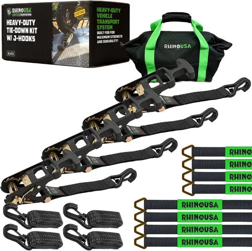 Rhino USA Correas de amarre de automóvil para remolques con ganchos en J (paquete de 4) – 2" x 8' (10,000 lb de resistencia a la rotura) – Correas