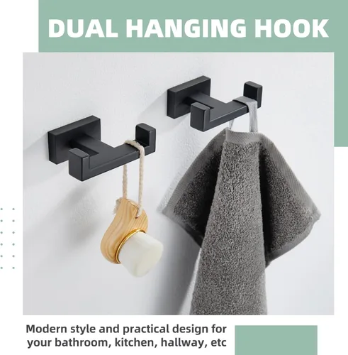 Miniatura 4 de APLusee Paquete de 2 ganchos dobles para toallas de baño, soporte cuadrado de acero inoxidable 304, soporte doble para abrigo, moderno para baño