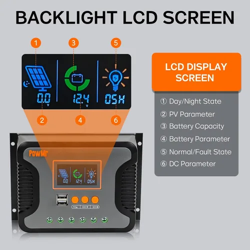 Miniatura 2 de PowMr controlador de carga solar PWM de 30A, 12V 24V 36V 48V Auto, pantalla LCD y salida USB dual, apto para baterías AGM, Gel, FLD, de plomo-ácido