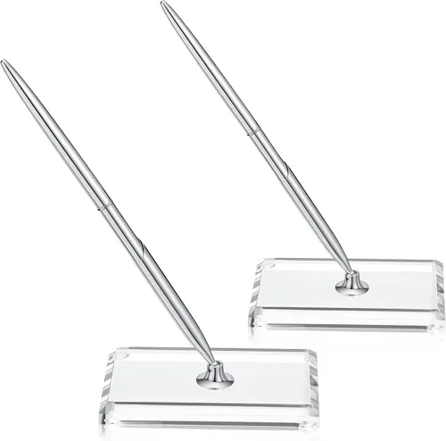 Chinco 2 juegos de bolígrafo y soporte plateado para invitados, incluye 2 bolígrafos de metal plateado para escribir con repuesto negro, 2 soportes