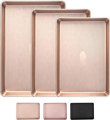 Miniatura 9 de Sakerplus Juego de 3 bandejas antiadherentes para hornear, resistentes para horno con patrón de textura de rayas, 0.024 in de grosor