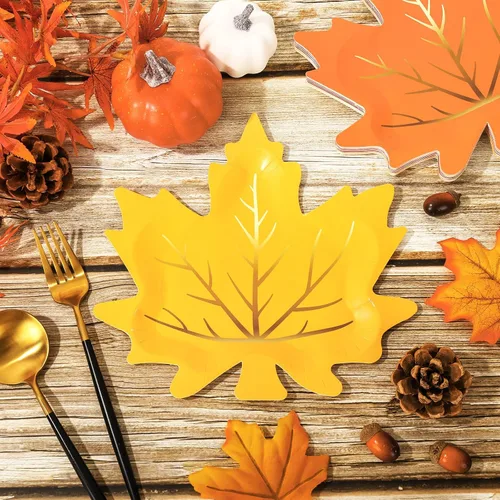 Miniatura 4 de Whaline 30 platos de papel de Acción de Gracias de otoño, platos desechables de hoja de arce, 3 colores, hojas de otoño, platos de vajilla