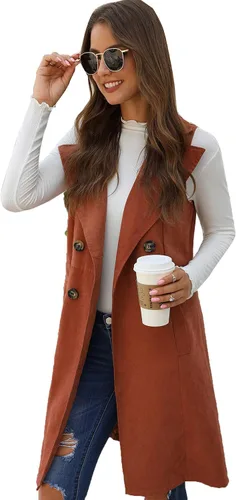 Miniatura 3 de GORGLITTER Chaleco largo sin mangas con frente abierto para mujer, chaquetas con cuello, cárdigans de línea larga