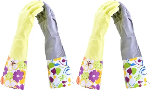 Miniatura 11 de Guantes domésticos de limpieza sin látex, guantes grises y amarillos con forro suave, puño largo de 15 pulgadas y agarre (2 pares), talla L