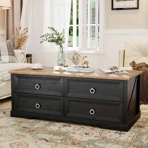 Miniatura 10 de Mesa de café Lareth 39 pulg. Mesa de centro rústica con pedestal de madera en X para sala de estar, ahorro de espacio, mesa de té de diseño