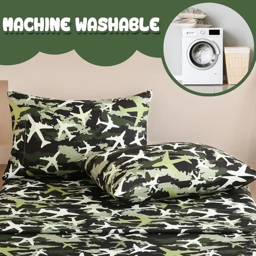 Miniatura 5 de Yibeizi - Juego de sábanas con diseño de avión para niños, tamaño individual, estampado camuflaje verde, sábanas de microfibra con bolsillo