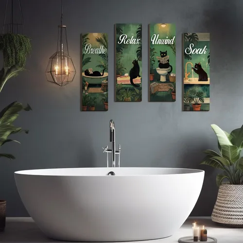 Miniatura 7 de Honoson 4 piezas de arte de pared de baño de gato negro y verde, decoración de pared de baño en negro y verde, para remojar y relajar, respirar