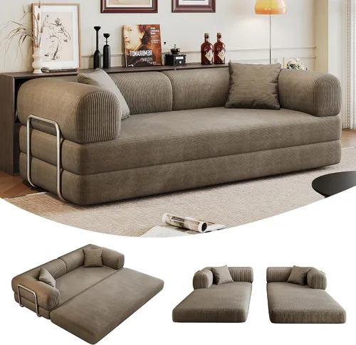 Miniatura 10 de Sofá cama convertible de 80 pulgadas, sofá cama plegable de pana con almohadas, sofá de compresión moderno sin hueso sin montaje, sofá de compresión