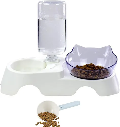 Miniatura 7 de Cuencos dobles para perros y gatos, antivómitos, cuencos elevados para comida para gatos con soporte elevado inclinado de 15° y dispensador
