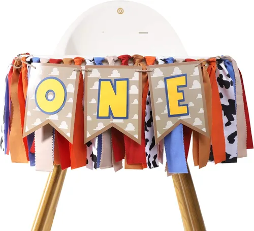 Toy Inspiration Story - Cartel para silla alta de primer cumpleaños – Decoraciones de fiesta occidental, pancarta de vaquero del oeste, accesorios