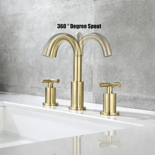 Miniatura 4 de ChiLDano CH2133BG - Grifo de baño de latón cepillado de 8 pulgadas, 2 manijas de latón con 3 agujeros para fregadero con válvula y montaje