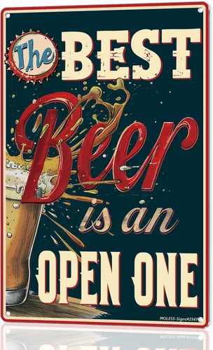 Letrero divertido de bar o cueva de hombre con texto en inglés "The Best Beer is an Open One" | Letreros de cerveza de metal vintage duraderos de 12