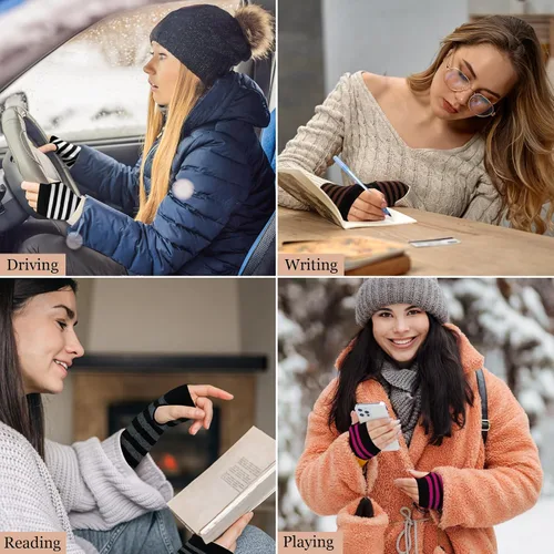 Miniatura 25 de Amandir Guantes largos sin dedos para mujer, calentadores de brazos, guantes elásticos de punto para el pulgar