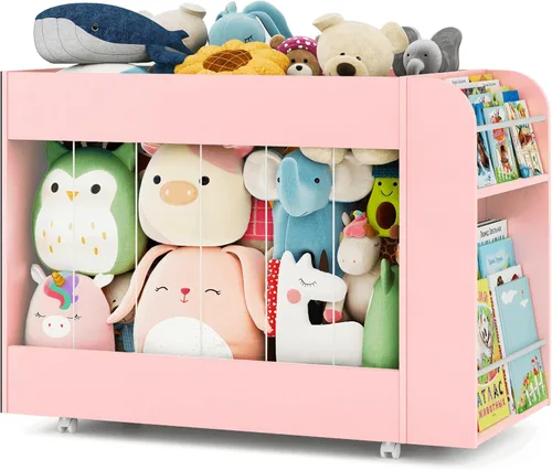 Miniatura 9 de Caja de almacenamiento de juguetes 3 en 1 con estantería y pizarra, baúl grande de juguetes de peluche con ruedas, organizador de almacenamiento