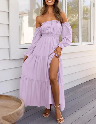 Miniatura 129 de ZESICA - Vestido largo, bohemio y sexy, con hombros descubiertos y manga larga fruncida, con elástico fruncido, cintura alta y abertura lateral