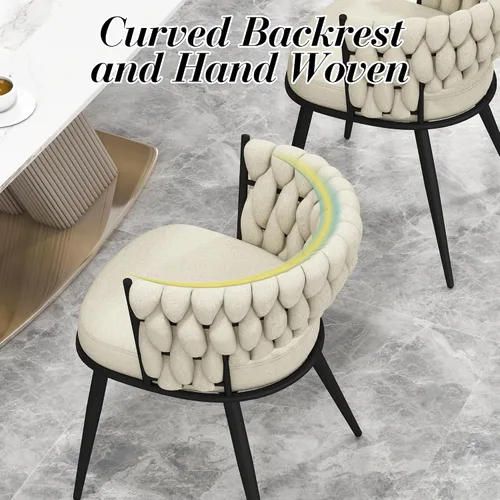 Miniatura 6 de Juego de 2 sillas de comedor tejidas, modernas sillas de comedor tejidas a mano con patas de metal negro, sillas tapizadas con marco negro