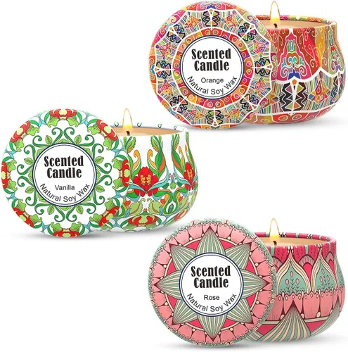 3 Paquetes de Velas Perfumadas de Rosa, Vainilla y Naranja, Juego de Regalo de Navidad para Mujeres, Pequeñas Velas Decorativas de Cera de Soja