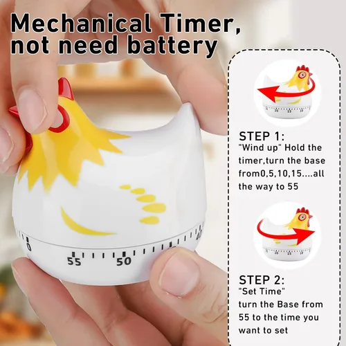 Miniatura 3 de Lindo temporizador de cocina en forma de pollo, temporizador mecánico de cuenta regresiva de 60 minutos para cocinar y hornear (blanco)
