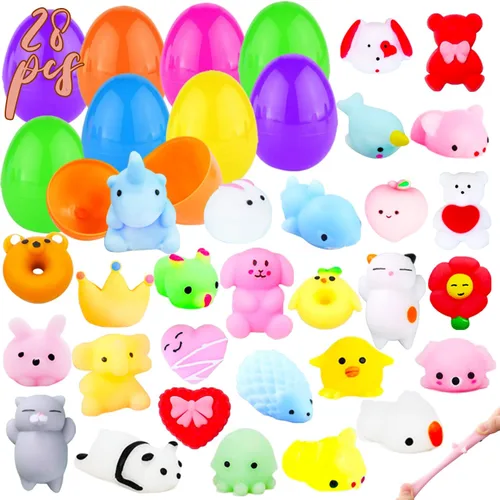 28 huevos de Pascua + 28 juguetes esponjosos Mochi, huevos sorpresa rellenos de mini animales esponjosos, juguetes para aliviar el estrés para