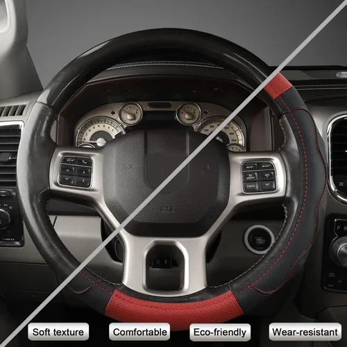 Miniatura 5 de West Llama Funda personalizada para volante de automóvil con textura 3D para Dodge RAM 1500 2500 3500, 15.5-16 pulgadas (negro + rojo, tamaño grande)