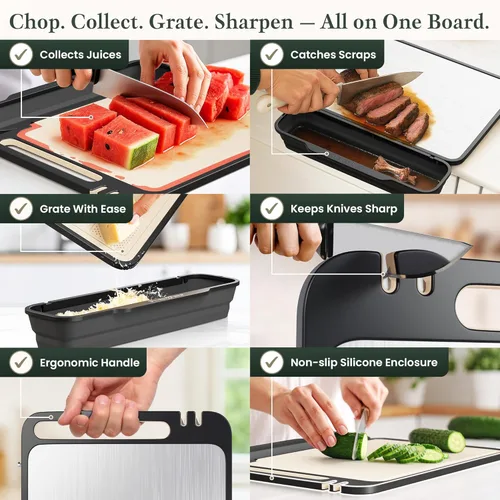Miniatura 5 de PURE-PREP Tablas de Cortar de Titanio para Cocina - Tabla de Cortar de Doble Cara de Titanio Puro/Paja de Trigo PP con Bandeja Plegable, Rallador