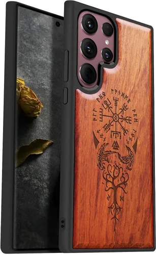 Carveit Funda para Galaxy S22 Ultra de madera compatible con S22 Ultra Viking Compass Vegvisir-Rosy | Madera real dura, TPU suave, funda protectora