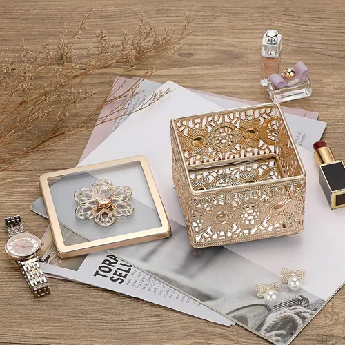 Miniatura 3 de Hipiwe Caja de Joyería de Metal Tallada con Tapa de Vidrio, Organizador Cuadrado de Baratijas con Espejo Dorado, Cofre del Tesoro para Anillos