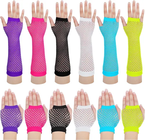 SATINIOR 12 pares de guantes de malla de red de los años 80 y 90 para mujer, guantes largos sin dedos de neón para fiesta de Halloween, disfraz de
