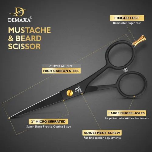 Miniatura 3 de DEMAXA Tijeras profesionales de barba de 5 pulgadas para hombres, tijeras para bigote con 1 peine para bigote, 1 peine para barba y bolsa suave, kit