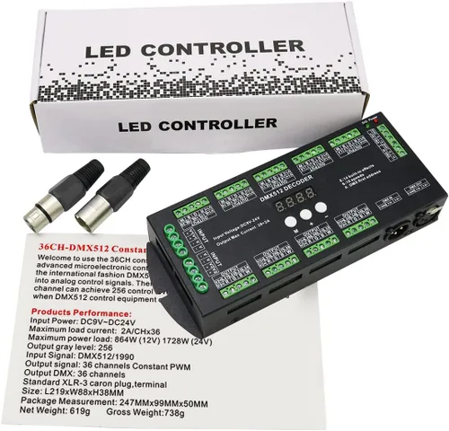 Miniatura 6 de AKEPO Decodificador de pantalla digital LED DMX RGBW de 36 canales, controlador DMX512 para luces LED RGBW DC9-24V 2A/CH con 14 efectos integrados