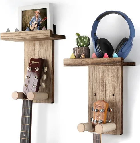 Keebofly 2 unidades de colgador de pared para guitarra con estante de madera y soporte para púa para guitarra acústica, eléctrica, ukelele, bajo,
