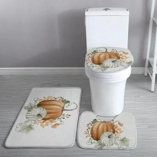 Miniatura 4 de Juego de 3 alfombras de baño de calabaza naranja otoñal, hojas de arce verde, cosecha de otoño, decoración de Acción de Gracias, tapete de baño