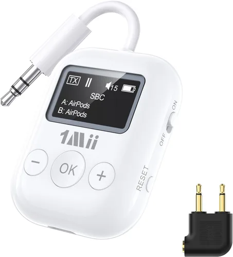 1Mii SafeFly Min Airplane - Adaptador Bluetooth para 2 auriculares, aptX adaptativo y sonido HD Hi-Fi HD, pantalla de visualización, batería de 25