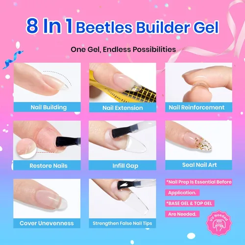 Miniatura 4 de Beetles - Gel constructor para uñas, gel constructor transparente de 0.51 onzas, 8 en 1, fortalecedor, espesamiento, edificio instantáneo, apto