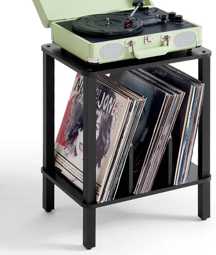 LELELINKY Soporte para tocadiscos de 2 niveles con almacenamiento de discos de vinilo hasta 100 álbumes, soporte para discos de dormitorio y mesa