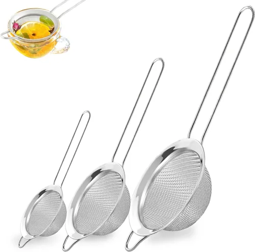 3 piezas de colador de malla fina con asa, juego de coladores de tamaño pequeño, mediano y grande, colador de malla de acero inoxidable para hornear