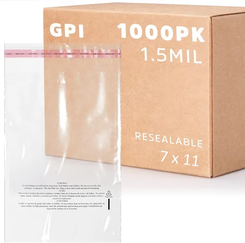 Miniatura 10 de GPI - Paquete de 100 bolsas de polietileno transparentes de 7 x 11 pulgadas, 1.5 mil. - Bolsas de polietileno resellables con tira adhesiva
