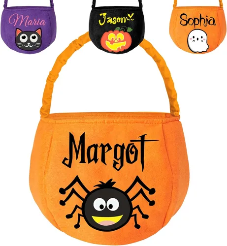 Miniatura 9 de Cubo personalizado de Halloween con nombre, cesta de dulce o truco de Halloween, regalo personalizado para niños y niñas, color negro