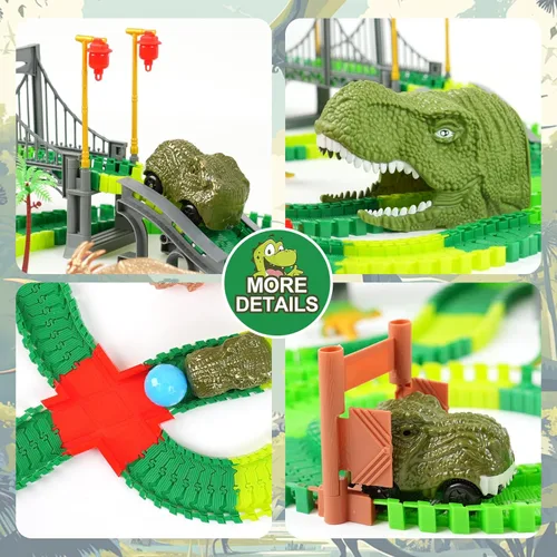 Miniatura 3 de BEMITON Pista de autos de carreras de juguetes de dinosaurios, crea una carrera de carretera mundial de dinosaurios, juego de juguetes flexibles