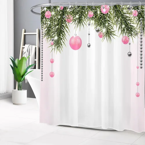 Miniatura 10 de Cortina de ducha de Feliz Navidad, bolas de Navidad azules y ramas de pino verde en tela blanca moderna, cortina de ducha para baño, cortina de baño