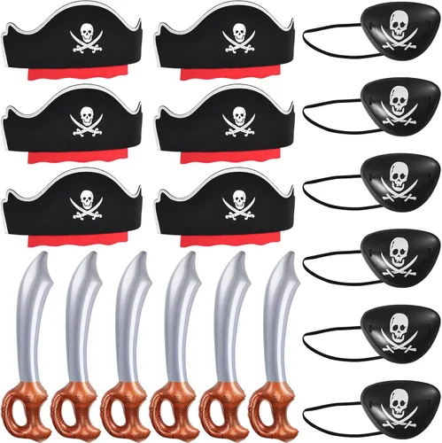 Miniatura 12 de ZeeDix 18 accesorios piratas para niños, incluye 6 sombreros de pirata, 6 parches de ojos y 6 bigotes, decoraciones de fiesta pirata para Navidad