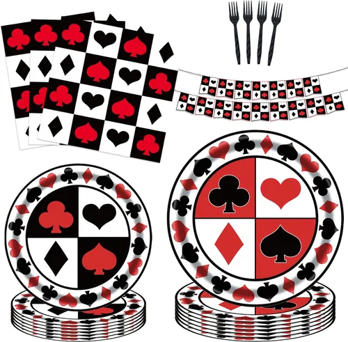 Kit de suministros de fiesta de casino para 24 invitados, 97 piezas, incluyendo platos, tenedores, servilletas, banderines, ideal para noches de