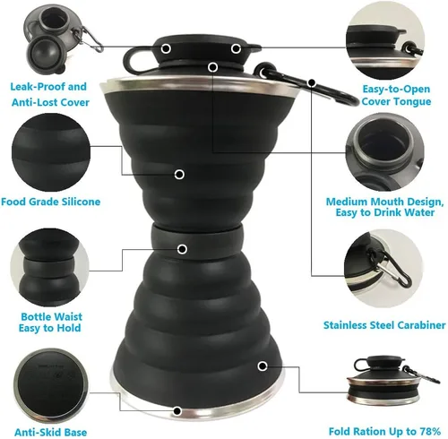 Miniatura 7 de Collapsible Water Bottle, Camping Cup With Carabiner, Reuseable Silicone Foldable Leak Proof Portable Sports Travel Water Bottles For Outdoor, Negro