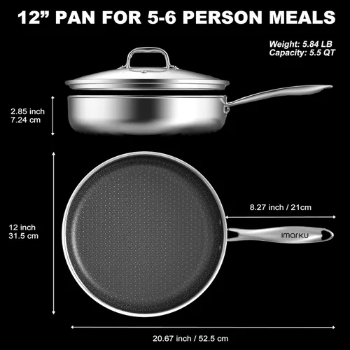 Miniatura 11 de imarku Sartenes antiadherentes, sartén de acero inoxidable de 12 pulgadas, sartén híbrida con tapa, sartén grande profunda, apta para lavavajillas
