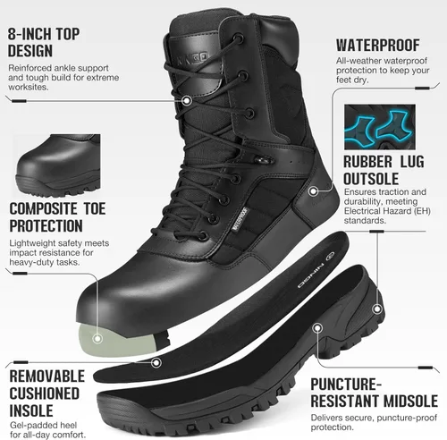 Miniatura 3 de NINGO Botas de punta compuesta para hombre, botas de trabajo impermeables con cremallera lateral, protección antideslizante y a prueba de pinchazos