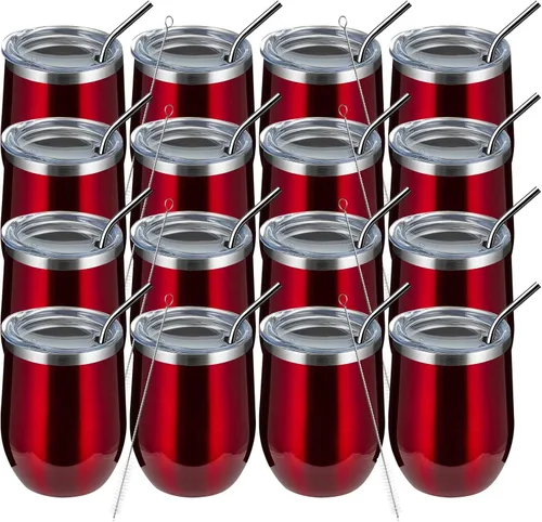 Miniatura 10 de MEWAY Vaso de vino sin tallo de 12 onzas con tapa, vaso de viaje de acero inoxidable con aislamiento de doble pared al vacío con popote, para Negro